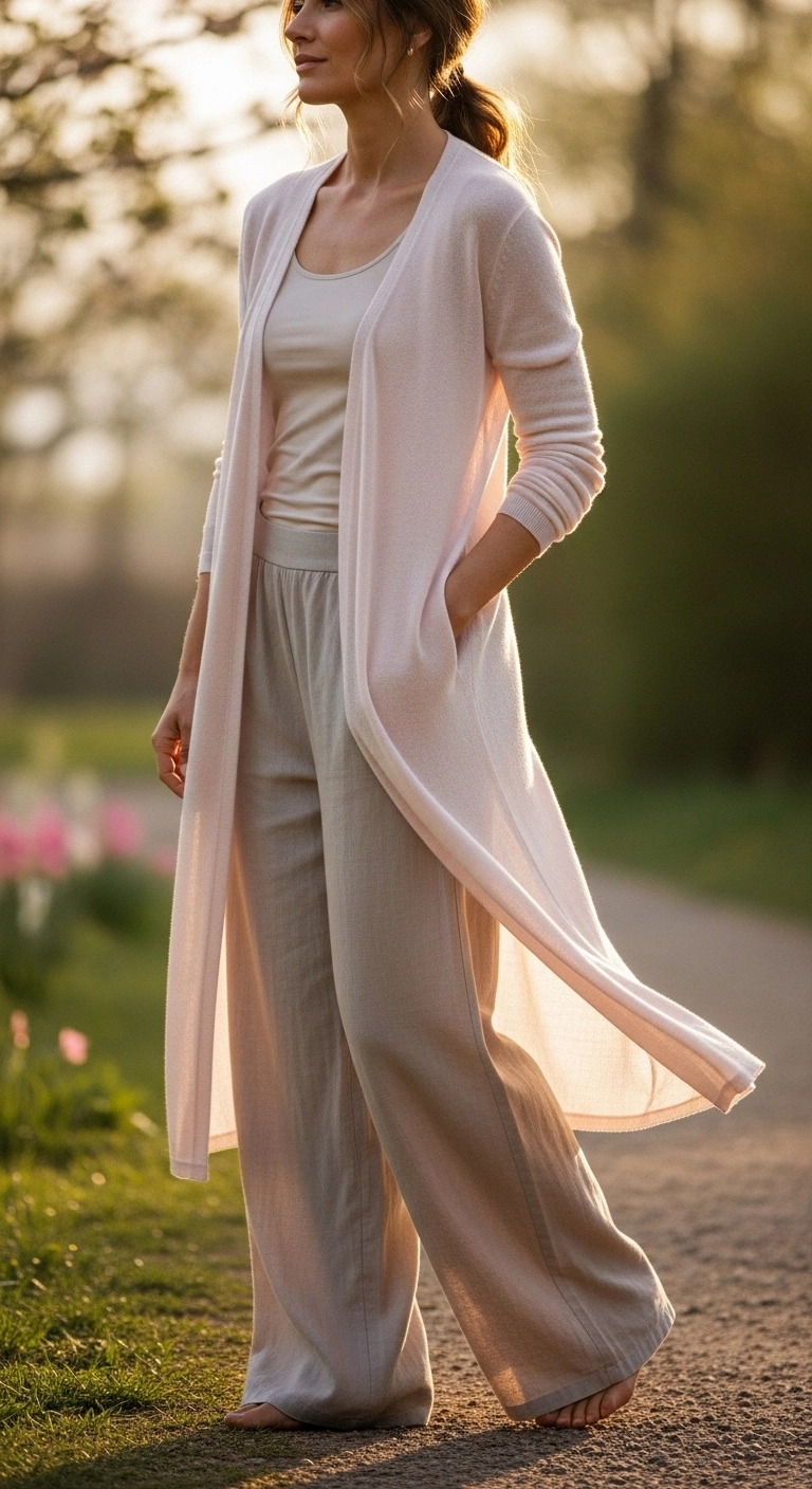 early spring outfits for women 2026 long cardigan wide-leg pants outfit