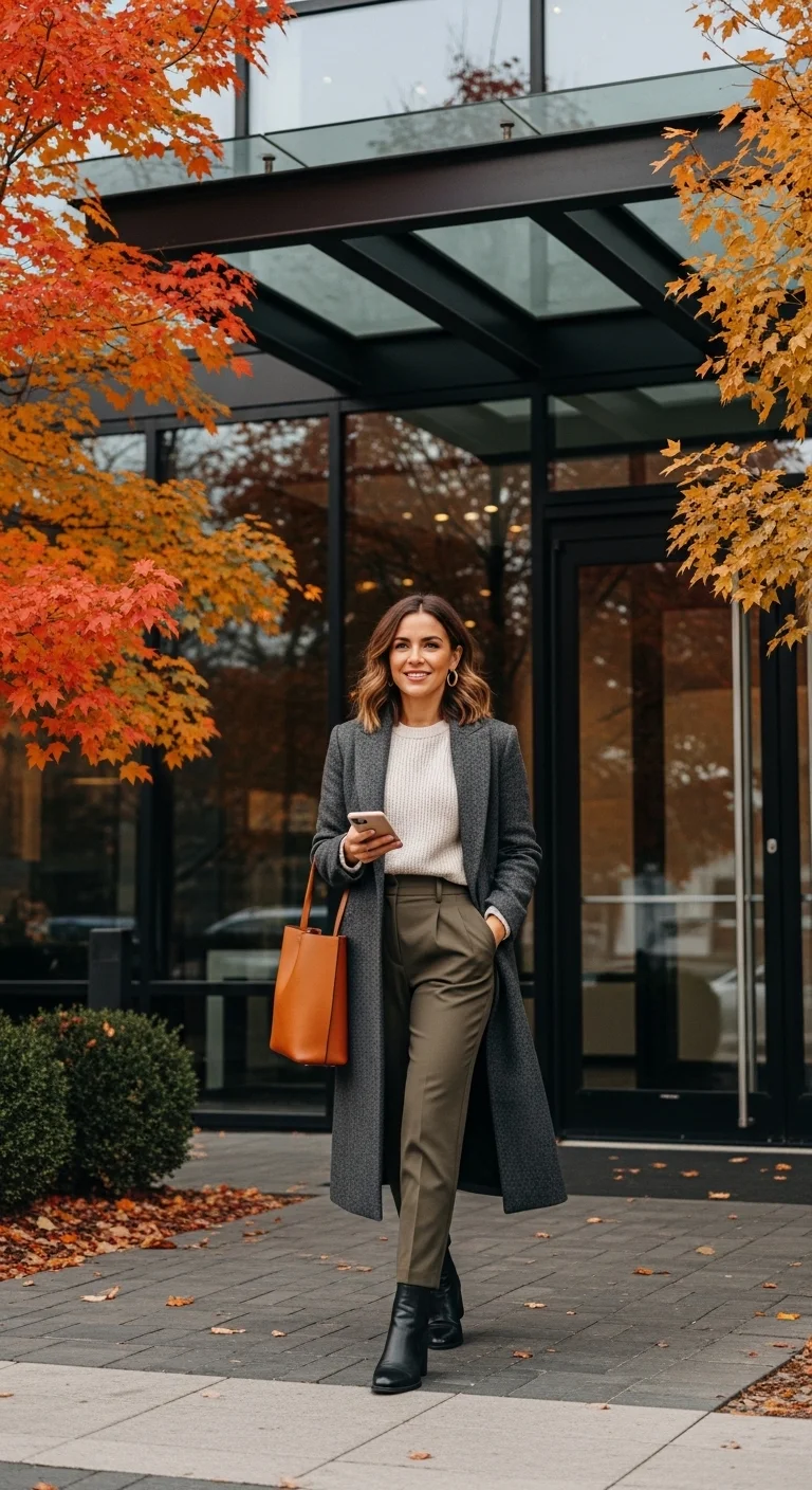 Woman in long coat over office outfit for fall business casual outfits for women in 2025
