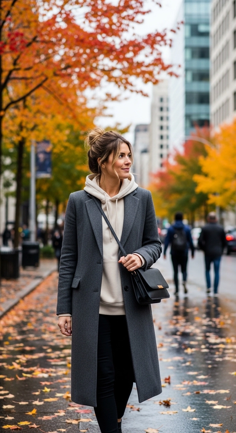 trendy fall outfits for women in 2026 long coat hoodie leggings style