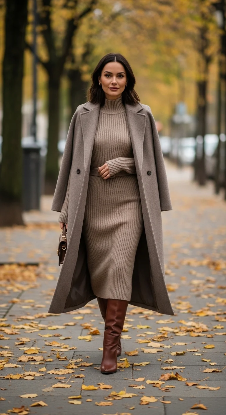 Woman in long coat and knit dress styled as warm fall outfits for women in autumn 2026