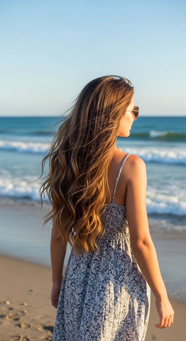 Woman with loose beach waves hairstyle walking near the beach, a popular summer hairstyle for long hair.