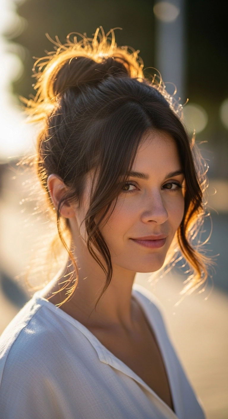 Medium hair loose top knot hairstyle, relaxed and casual summer style