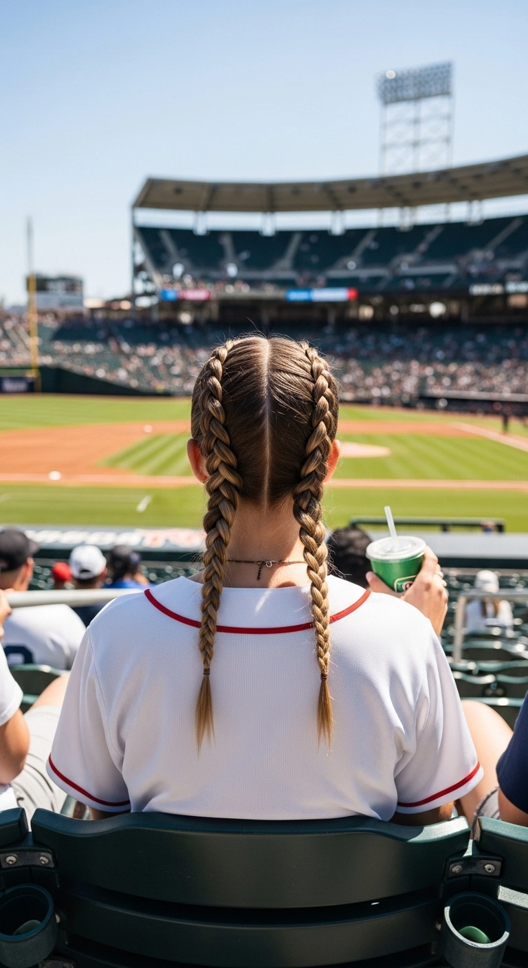 Woman with low braided pigtails at baseball stadium showing classic baseball game hairstyles.