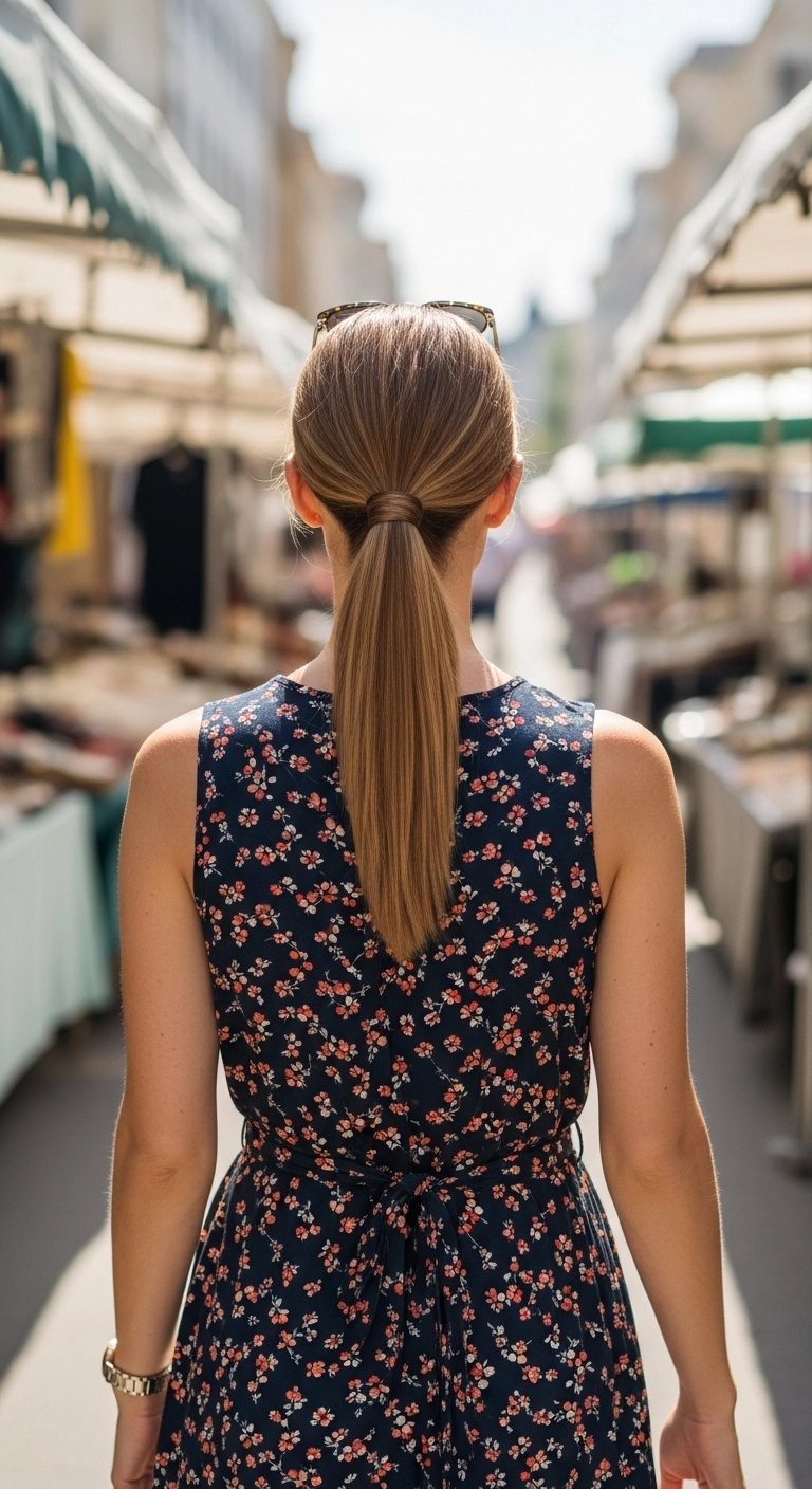 Woman wearing a stylish low ponytail hairstyle, a simple summer hairstyle for long hair.