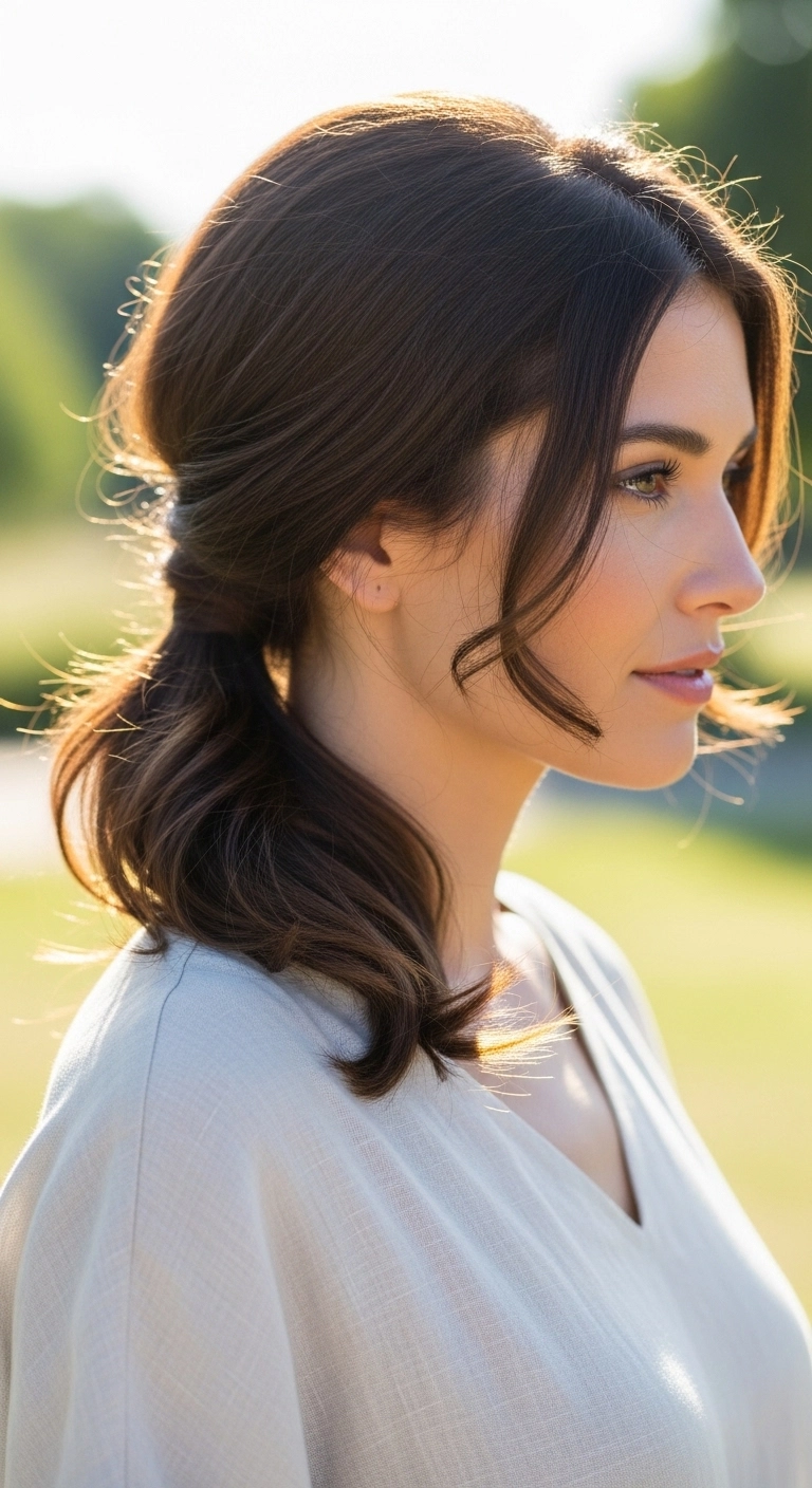 Medium hair low side ponytail hairstyle, playful and chic summer style