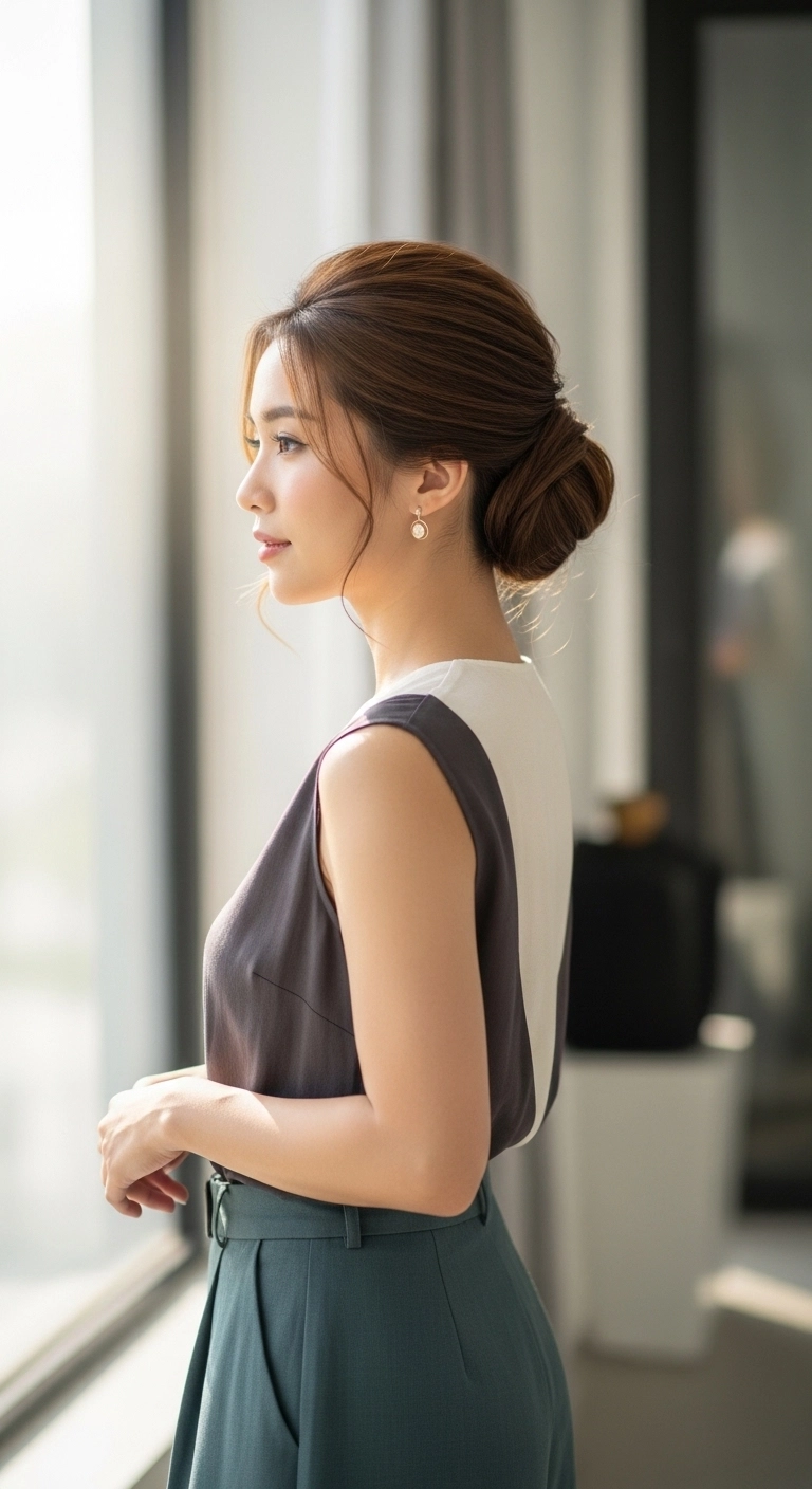 Woman with medium hair in a low sleek bun, elegant and polished summer hairstyle