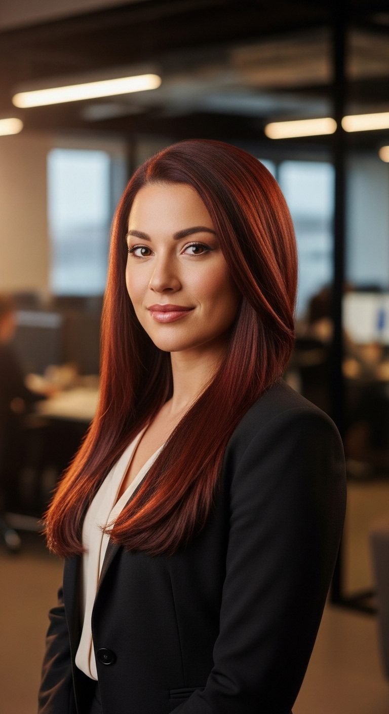 Woman with mahogany red hairstyle showing sophisticated Red Hair Color Ideas.