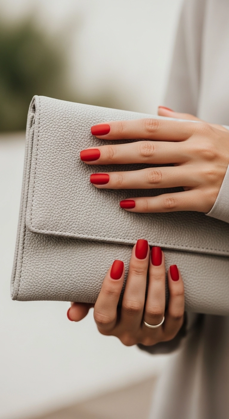 Matte red nails on womanâs hands holding a summer clutch outdoors in natural light.