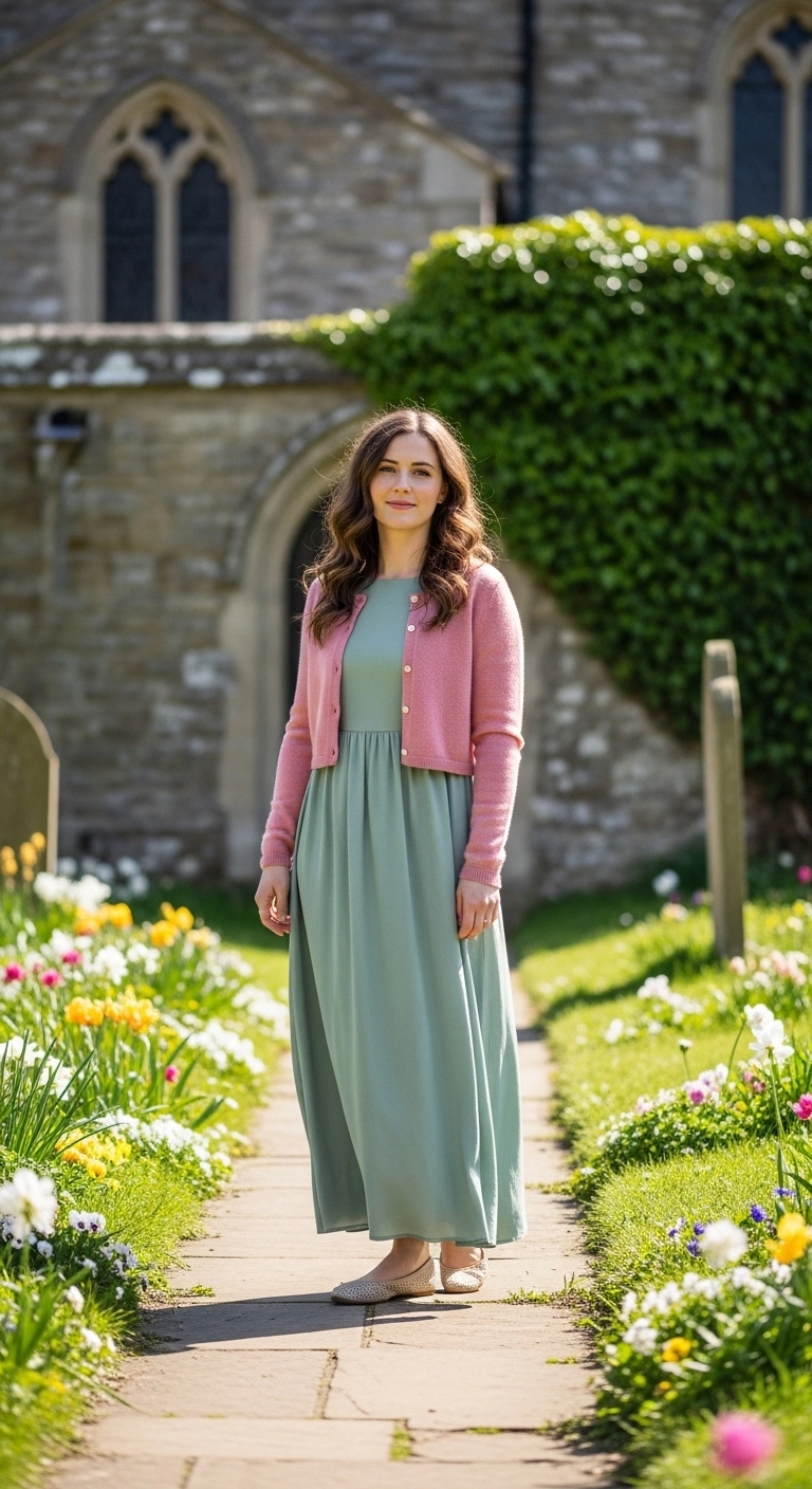 Spring church outfits 2026 with maxi dress and cropped cardigan