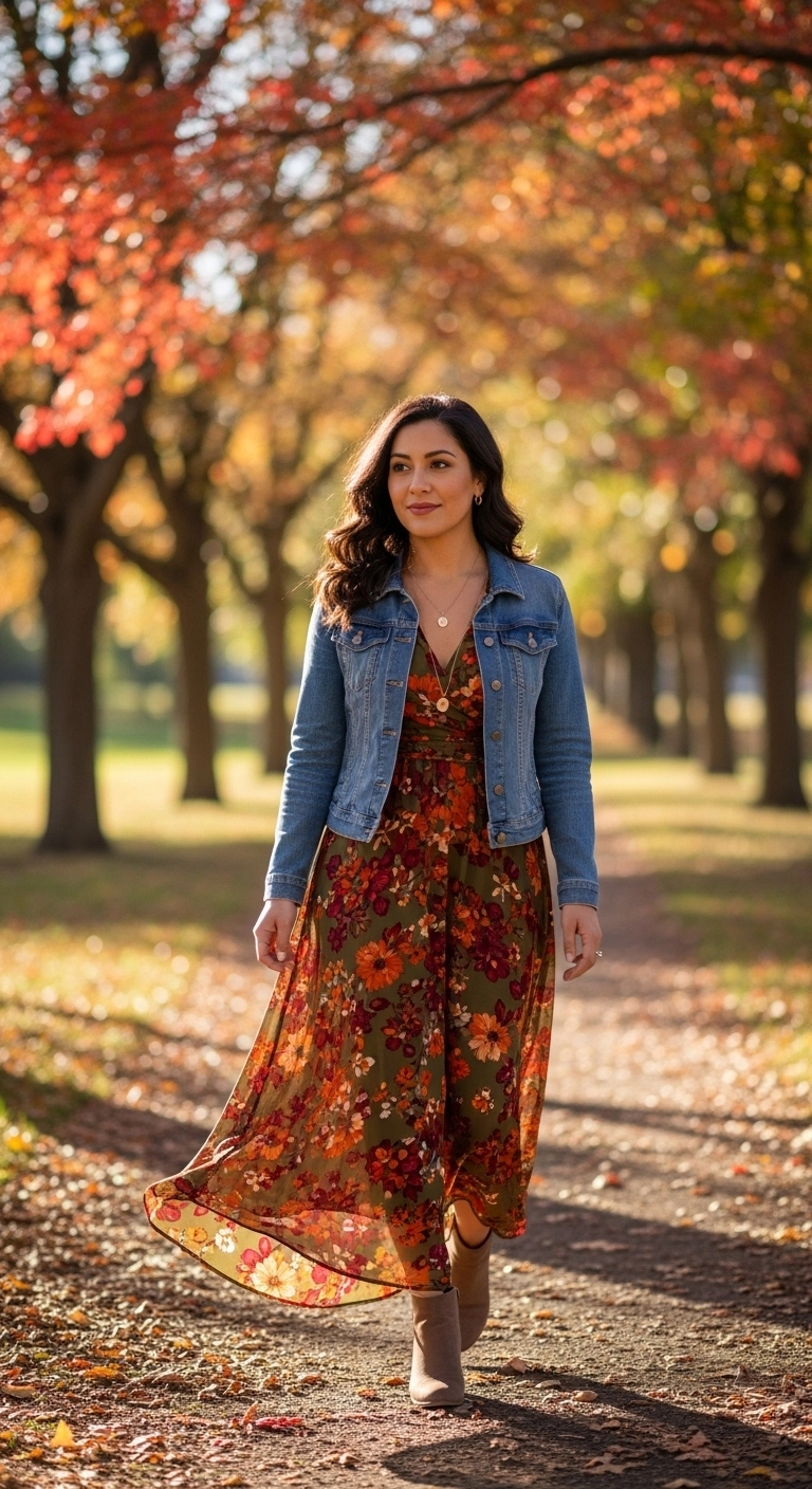 Cozy fall outfits to dress up in autumn 2026 with maxi dress and denim jacket