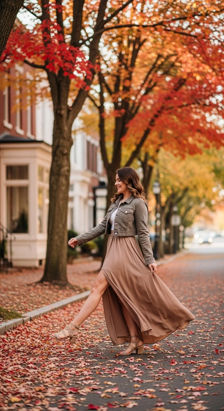 trendy fall outfits for women in 2026 maxi skirt cropped jacket