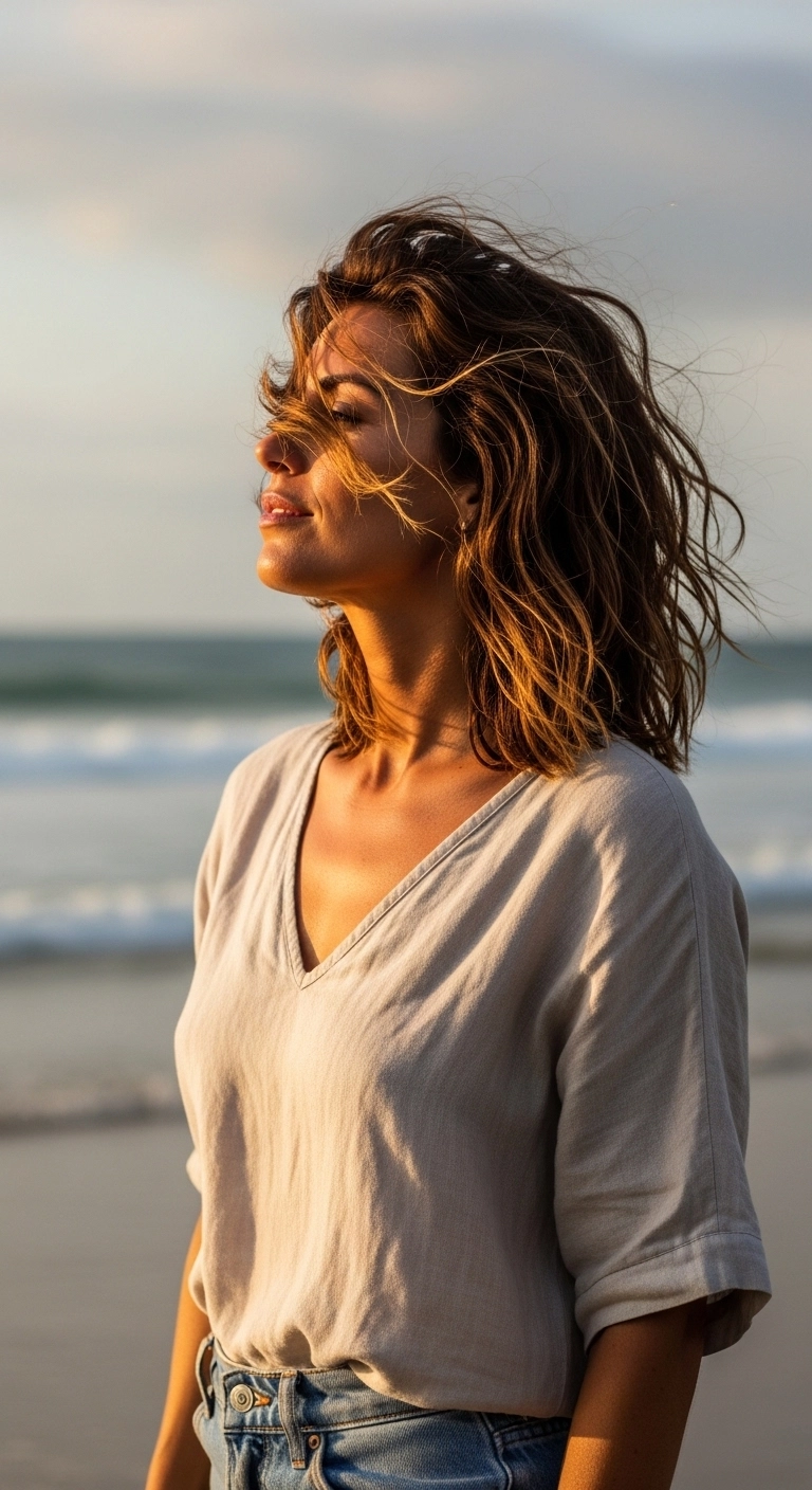 Woman with medium hair in messy beach waves, casual summer hairstyle with natural texture