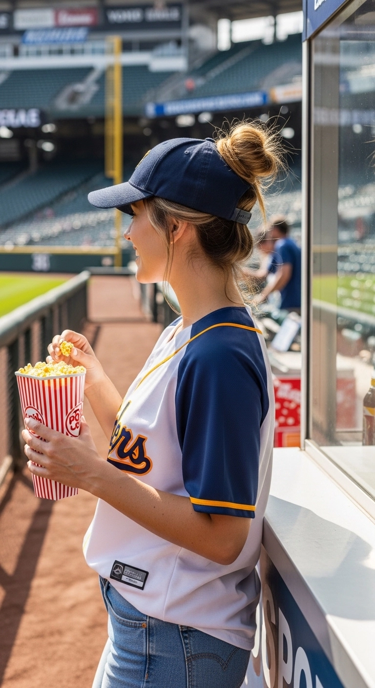 Messy bun with baseball cap worn by a fan showing casual baseball game hairstyles.