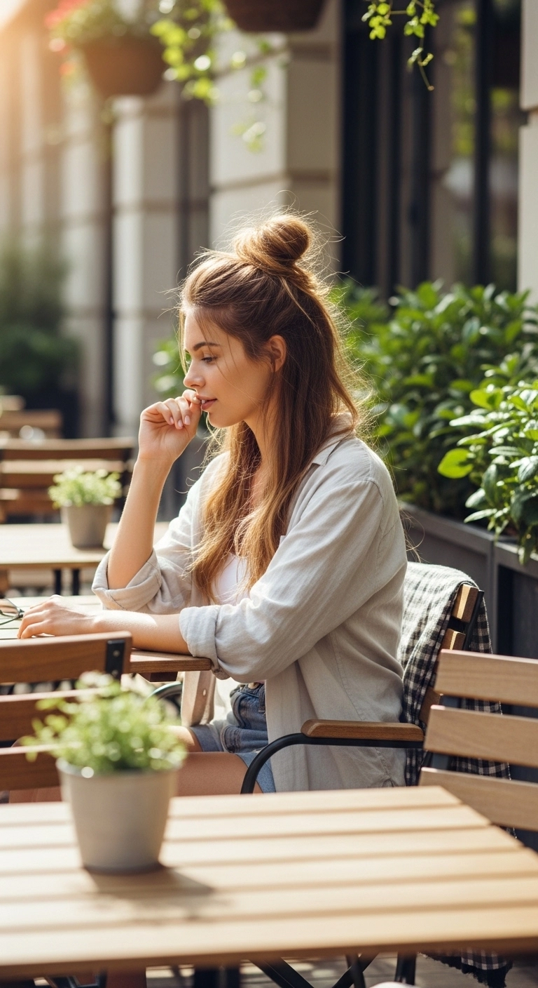 Woman wearing a relaxed messy bun hairstyle, an easy summer hairstyle for long hair on a warm day.