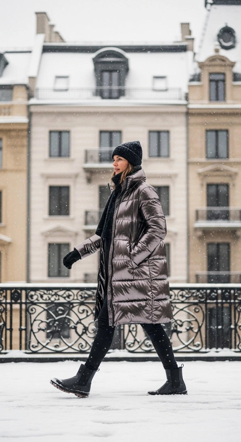 Metallic puffer jacket winter outfit trends in 2026