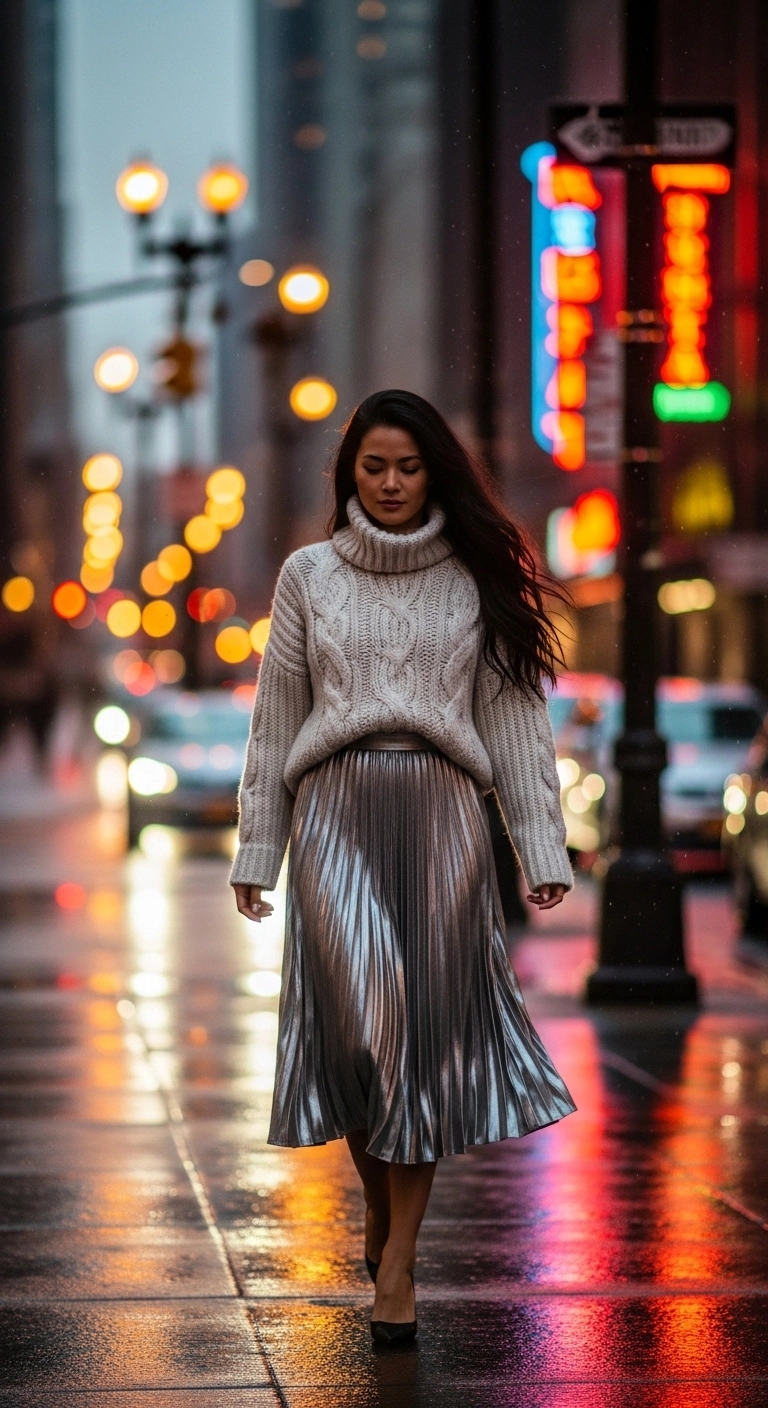 Metallic skirt and sweater winter outfit trends in 2026