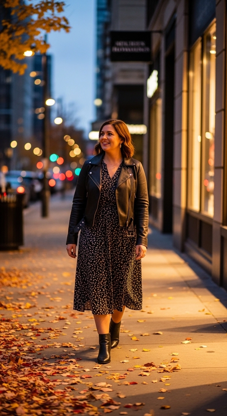 fall going out outfits for women during autumn 2026 midi dress leather jacket