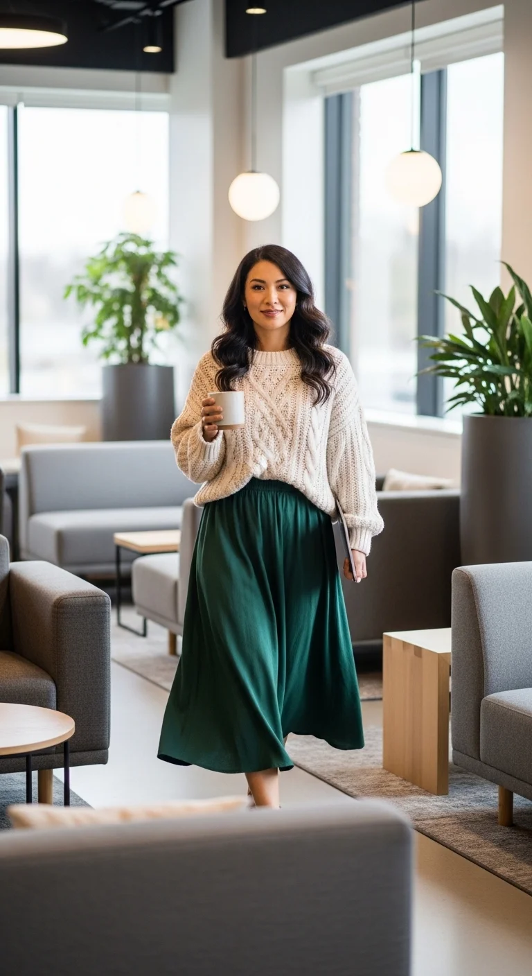 Woman wearing midi skirt and chunky sweater in fall business casual outfits for women in 2025