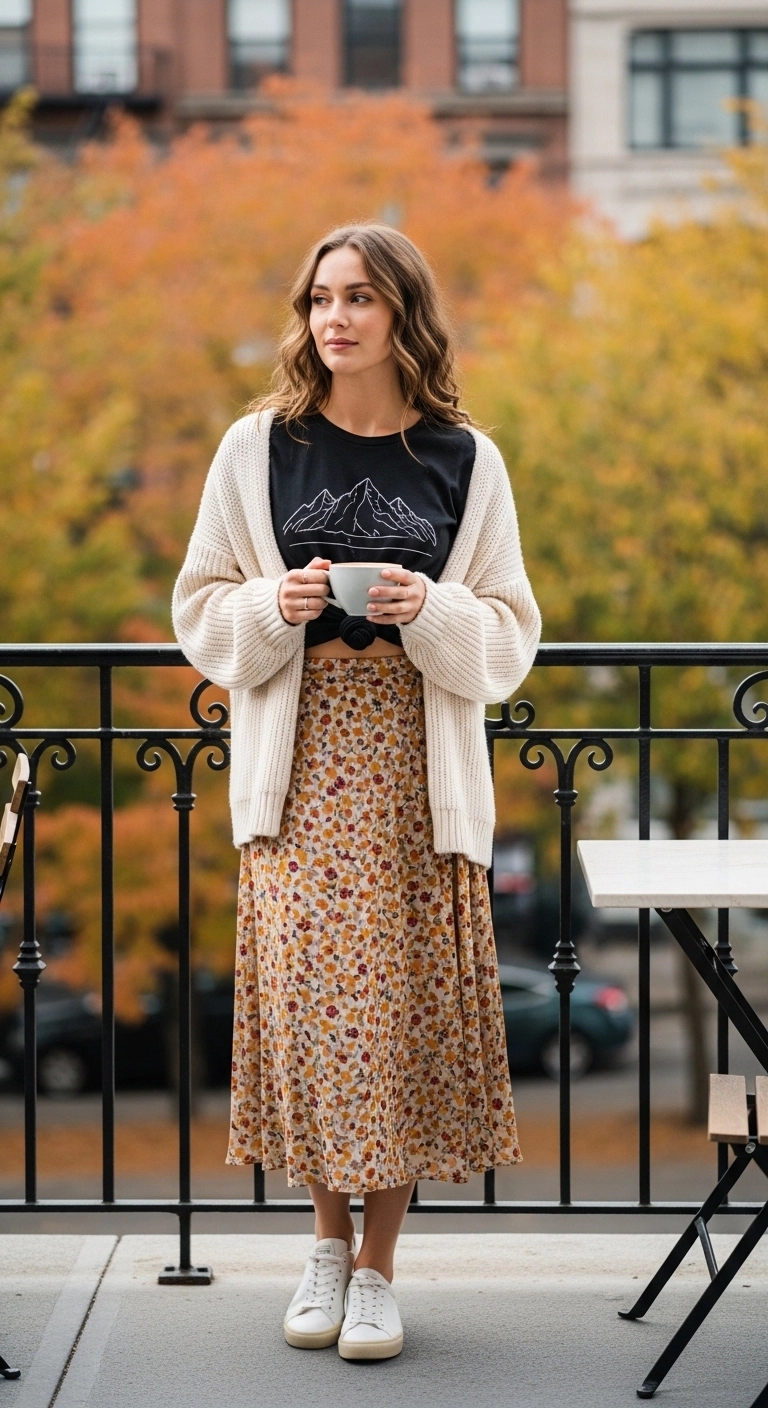 Woman wearing a midi skirt with graphic tee and cardigan for summer to fall transition outfits for women in 2025.