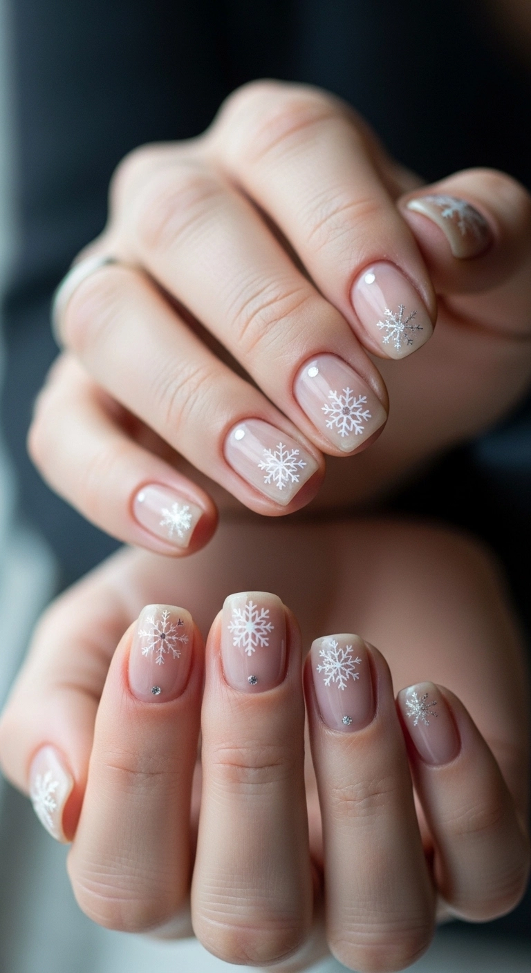 Minimalist snowflake short nails for winter 2025-2026