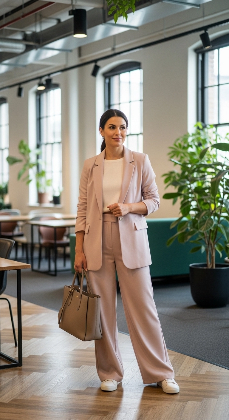 Spring office outfits for women in 2026 with modern co-ord set and clean sneakers