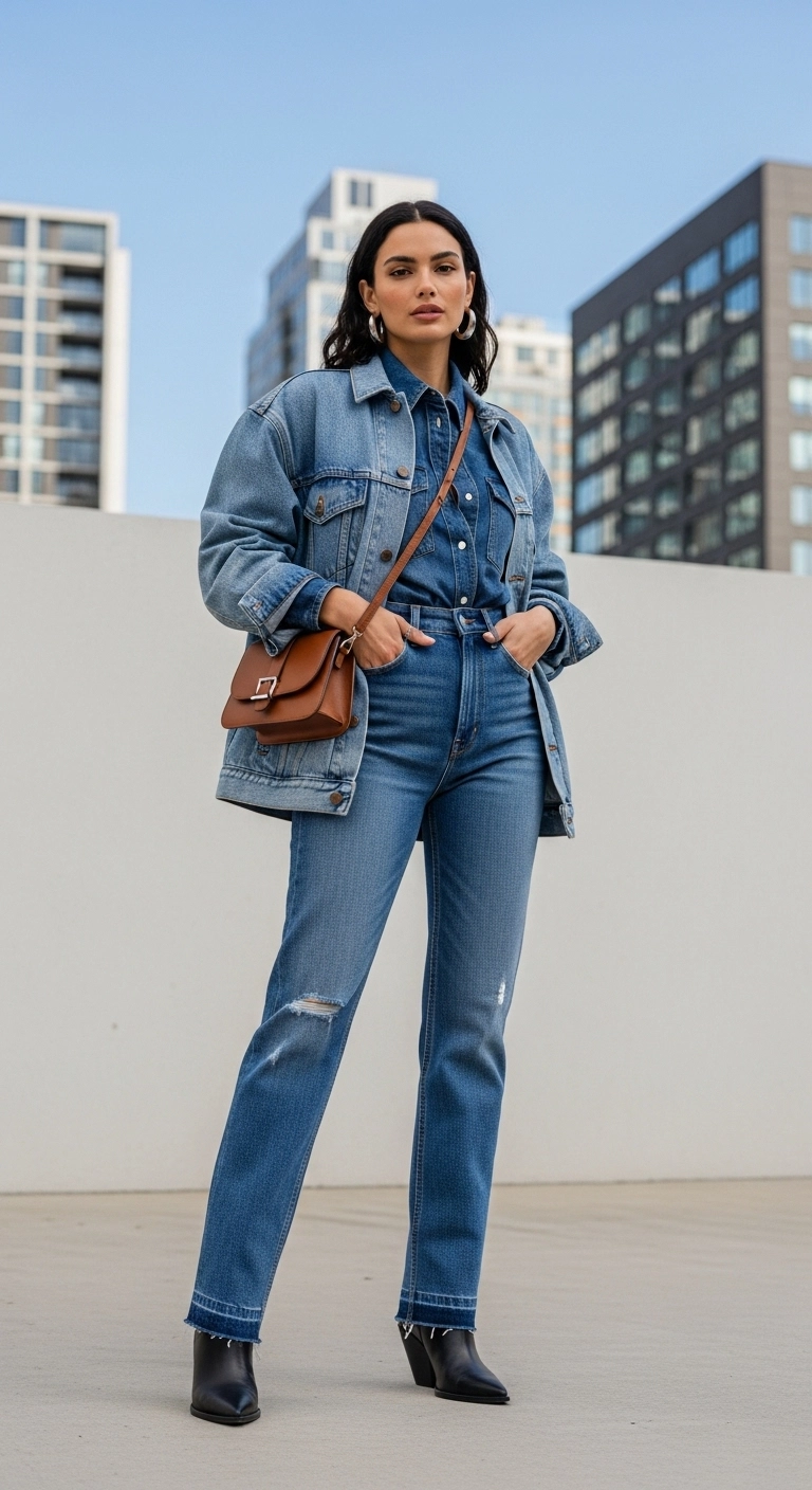 trendy fall outfits for women in 2026 modern denim on denim outfit