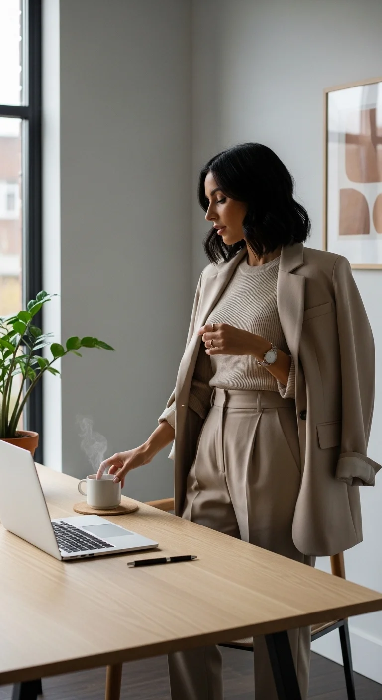 Monochrome neutral outfit for fall business casual outfits for women in 2025 in a modern office