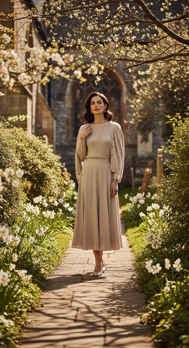 Spring church outfits 2026 in monochrome neutral tones with midi skirt