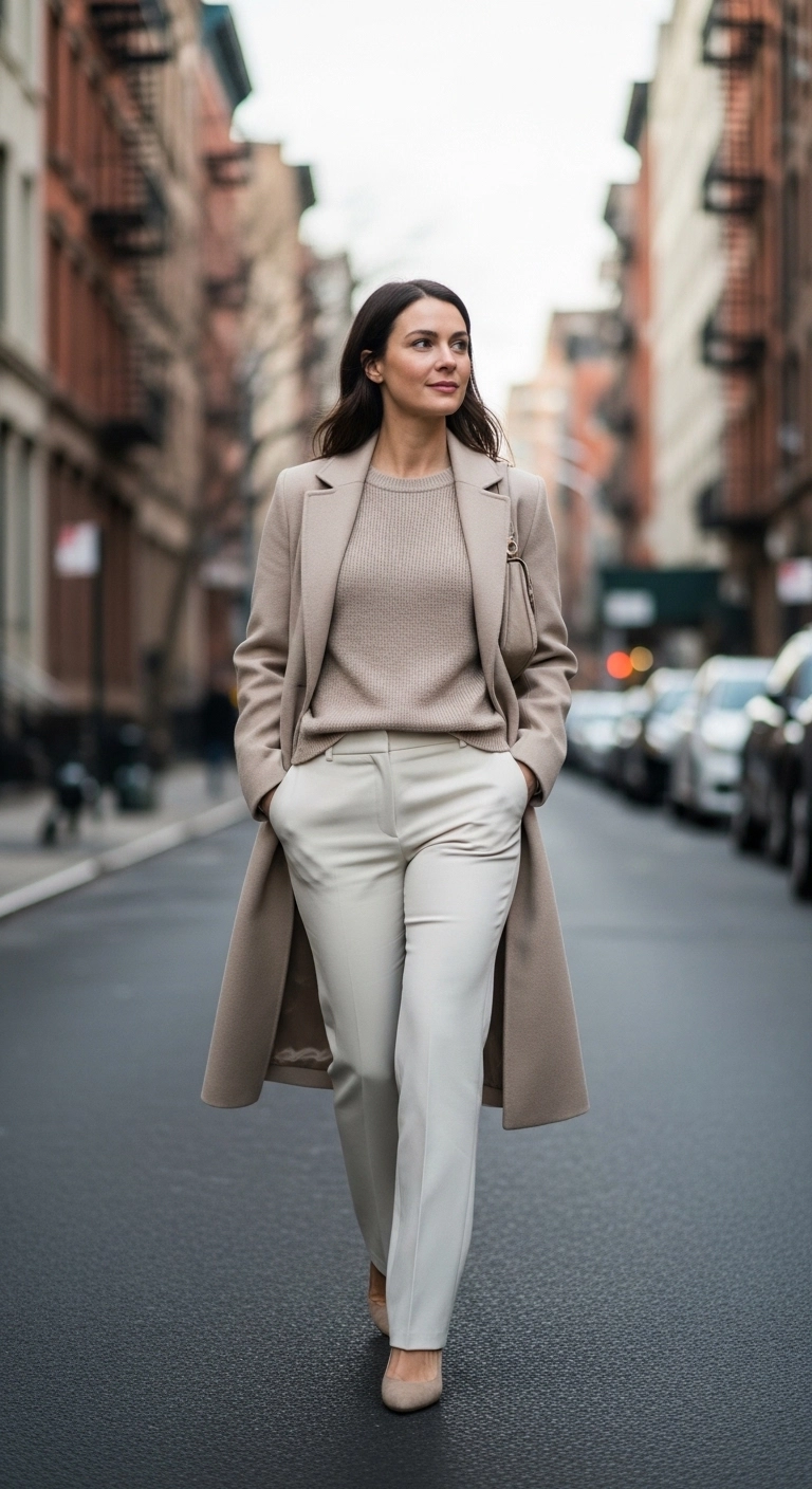 NYC spring outfits 2026 in monochrome neutrals with a long coat