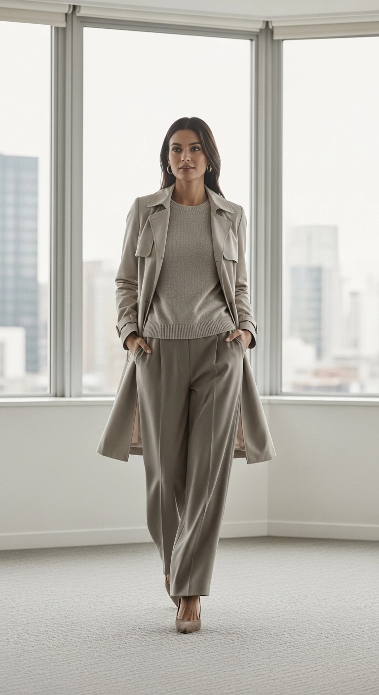 Spring office outfits for women in 2026 in monochrome neutral tones