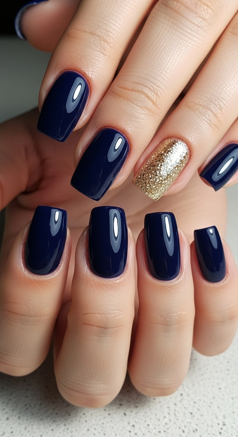 Hand with deep navy blue summer nails and subtle gold glitter accent.