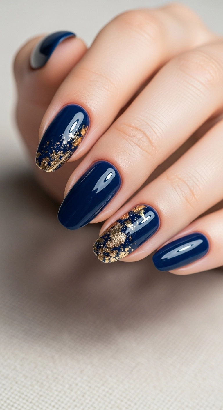 Woman’s hand with navy blue summer nails and gold foil accents.