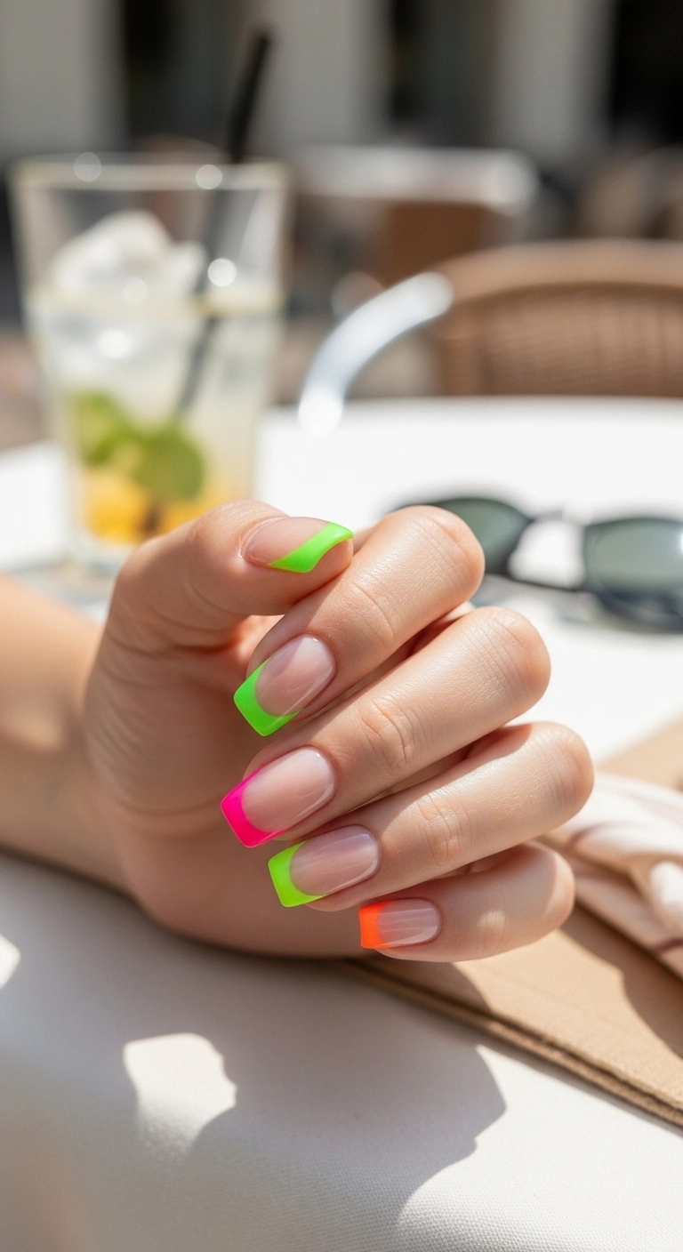 bright summer nails ideas with neon French tips in pink, green, and orange on natural hand