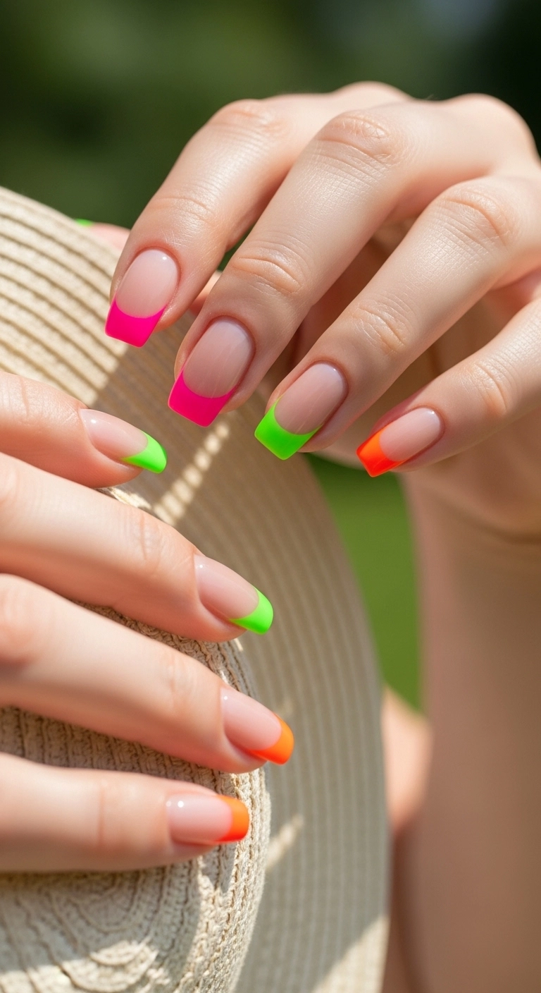 hot summer nails ideas neon French tip manicure in pink, lime, and orange