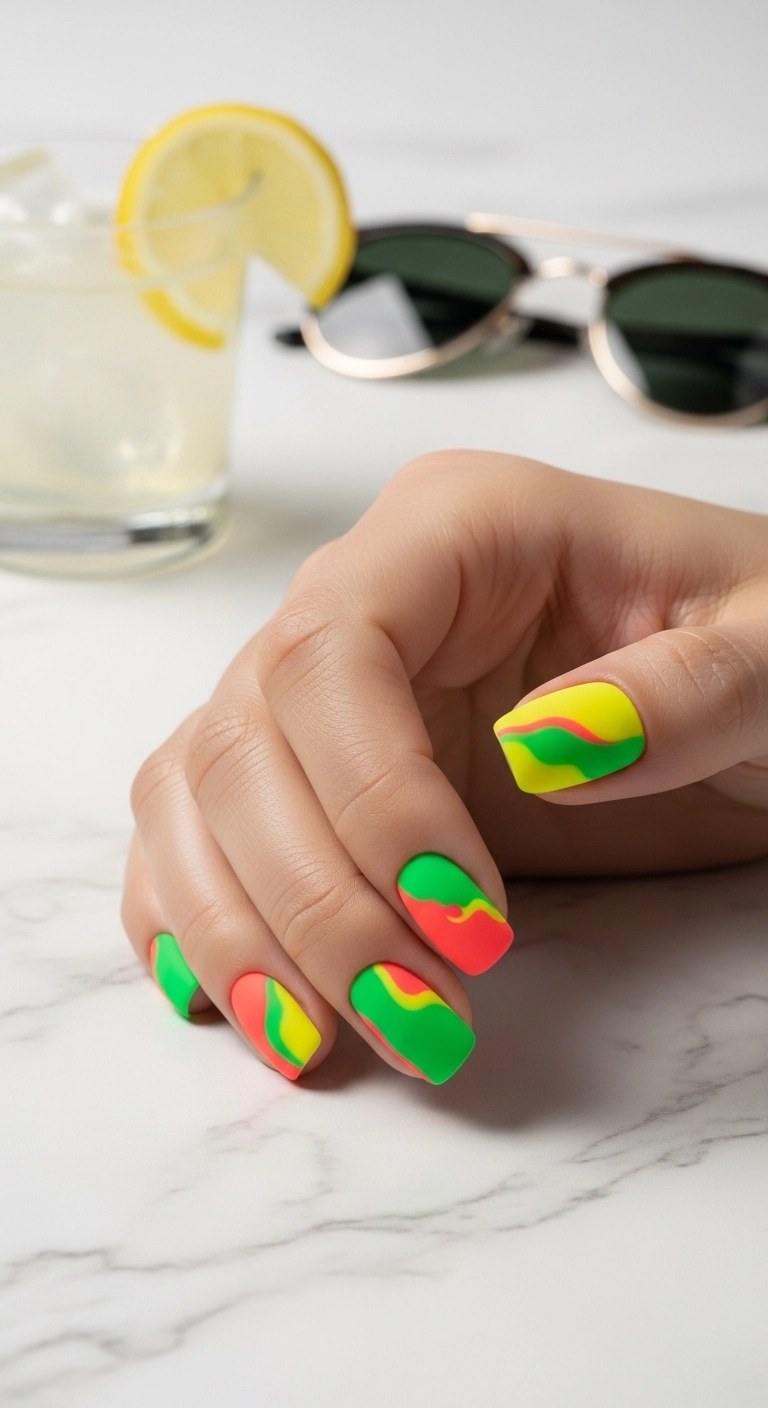 bright summer nails ideas with neon matte nails in bold summer colors