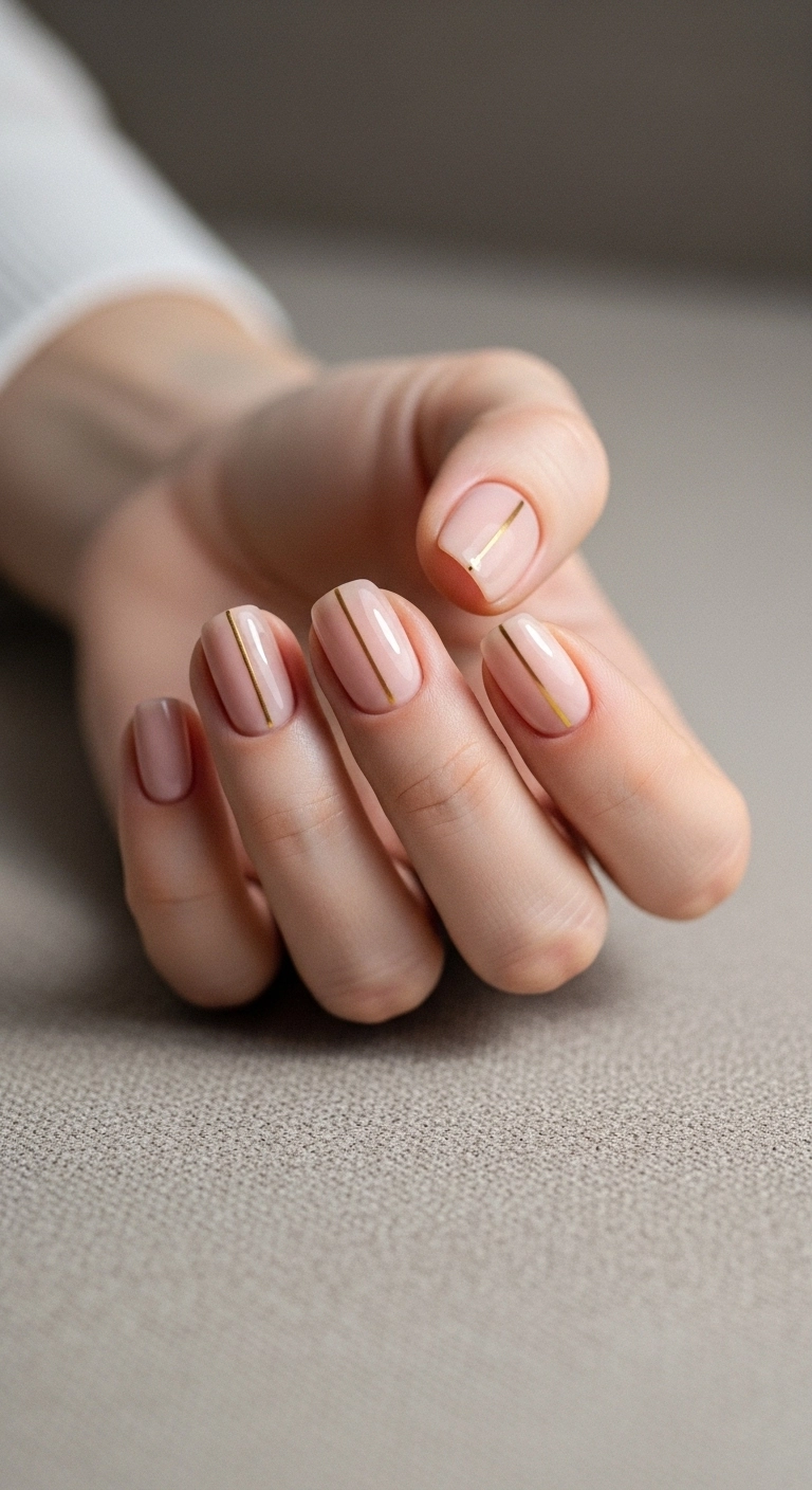 Nude manicure with gold line accent showcasing elegant casual summer nails ideas
