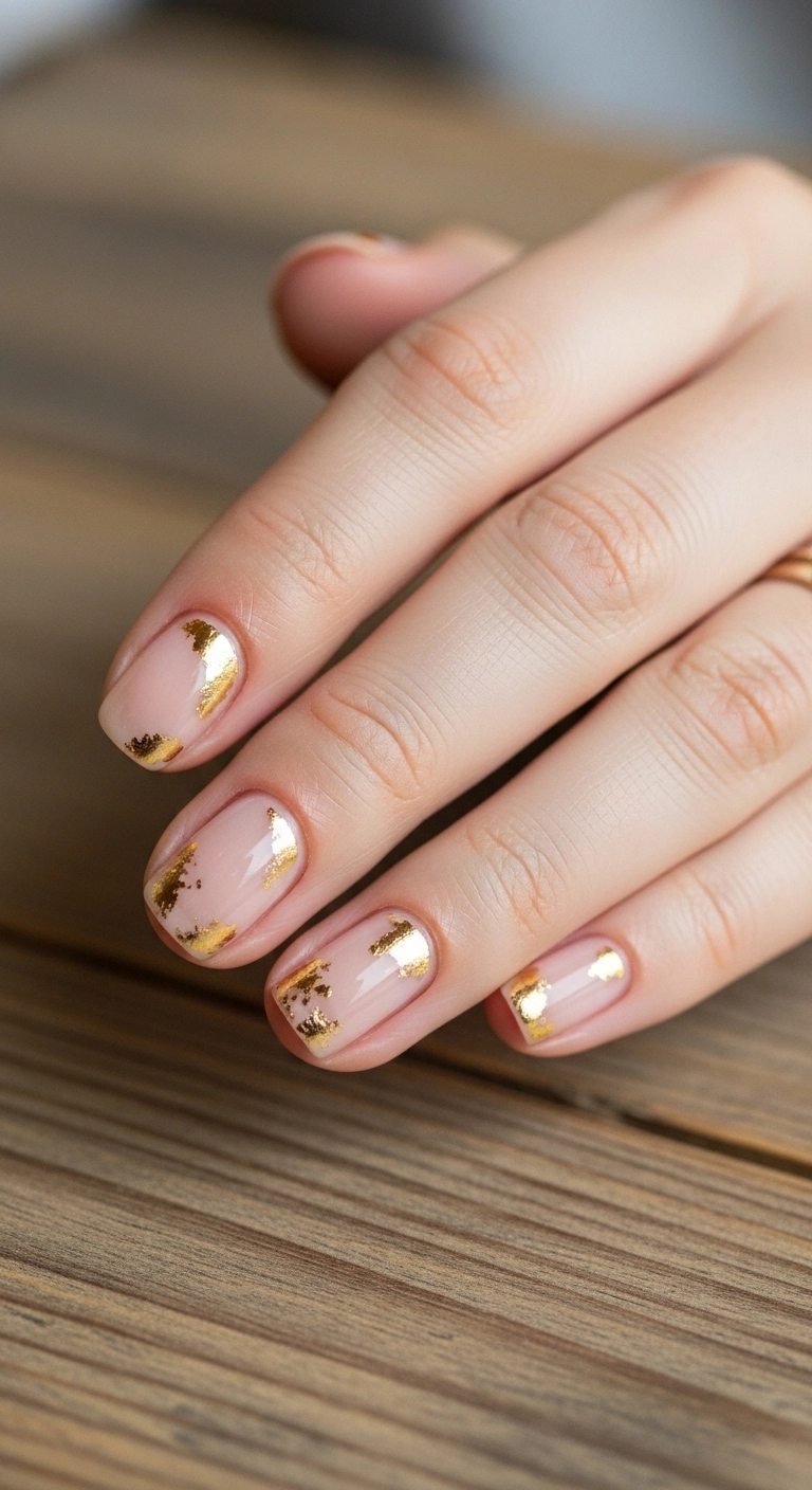 Nude short nails with gold foil accents