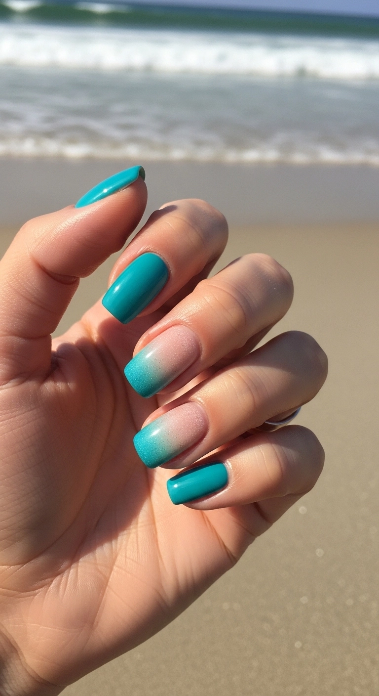 colorful beach nails ideas ocean ombre nails with turquoise and sandy beige gradient