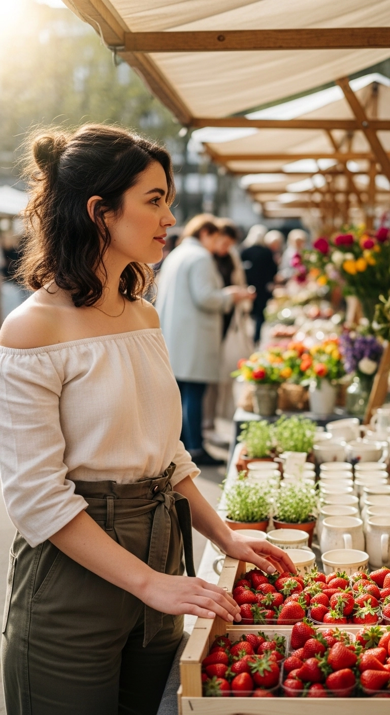 Off-shoulder top with paperbag pants browsing spring market, casual spring outfit 2026