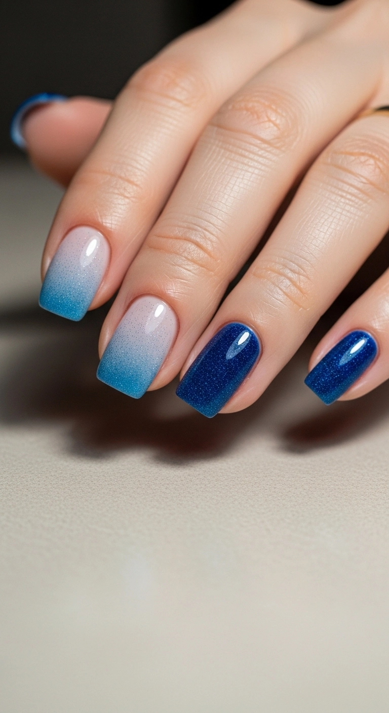 Hand with ombre blue summer nails and glitter overlay.