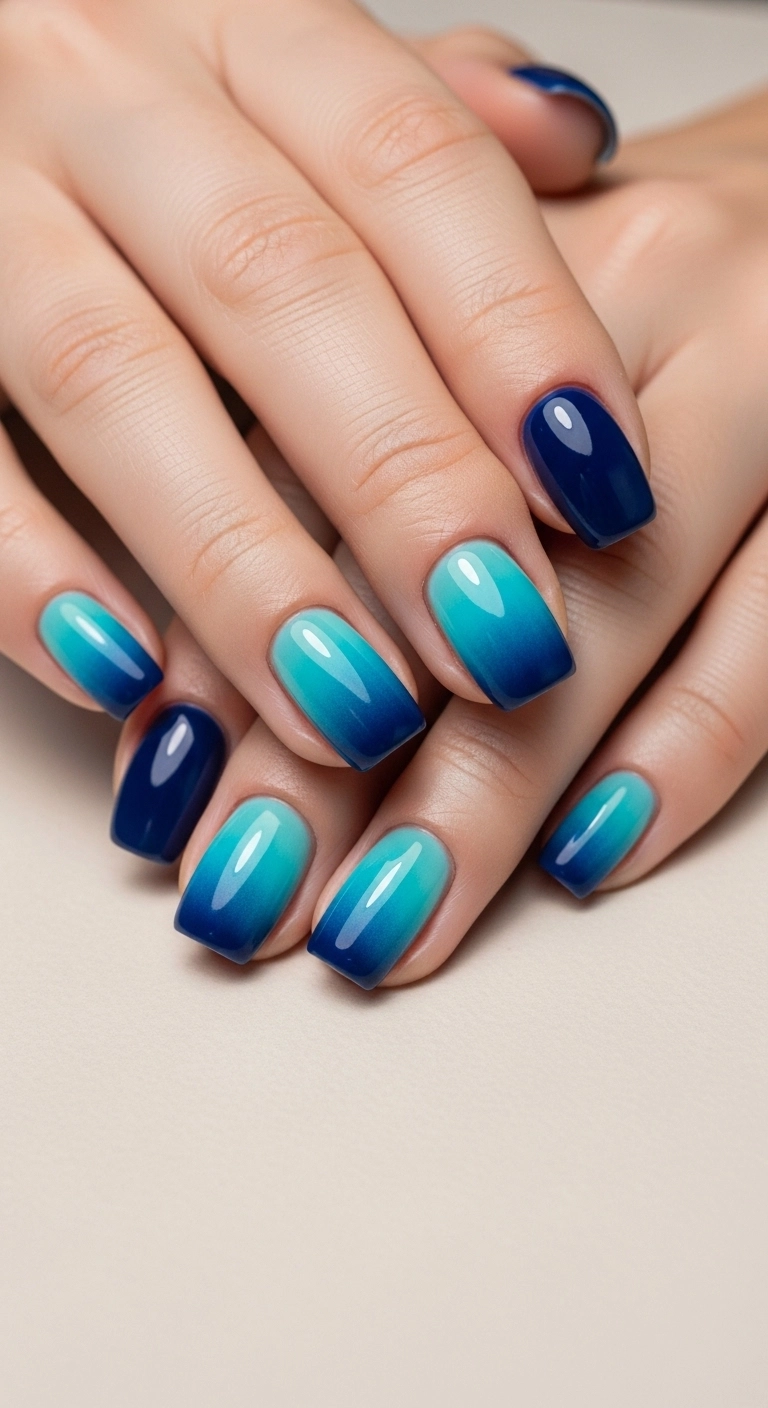 Woman’s hand showing ombre ocean nails fading from aqua to navy blue.