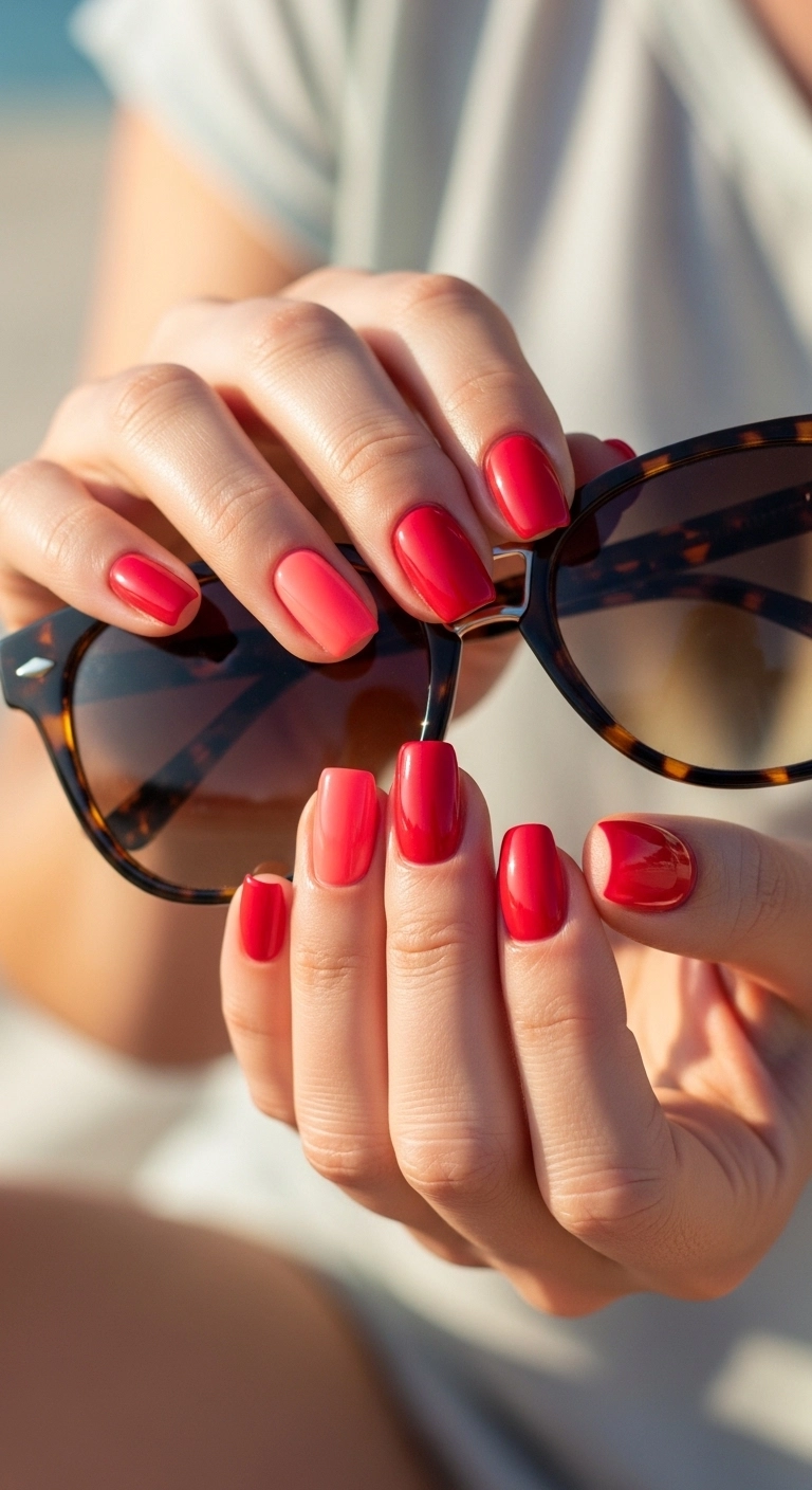 Ombre red nails on womanâs hands, blending coral to deep red, holding summer sunglasses outdoors.
