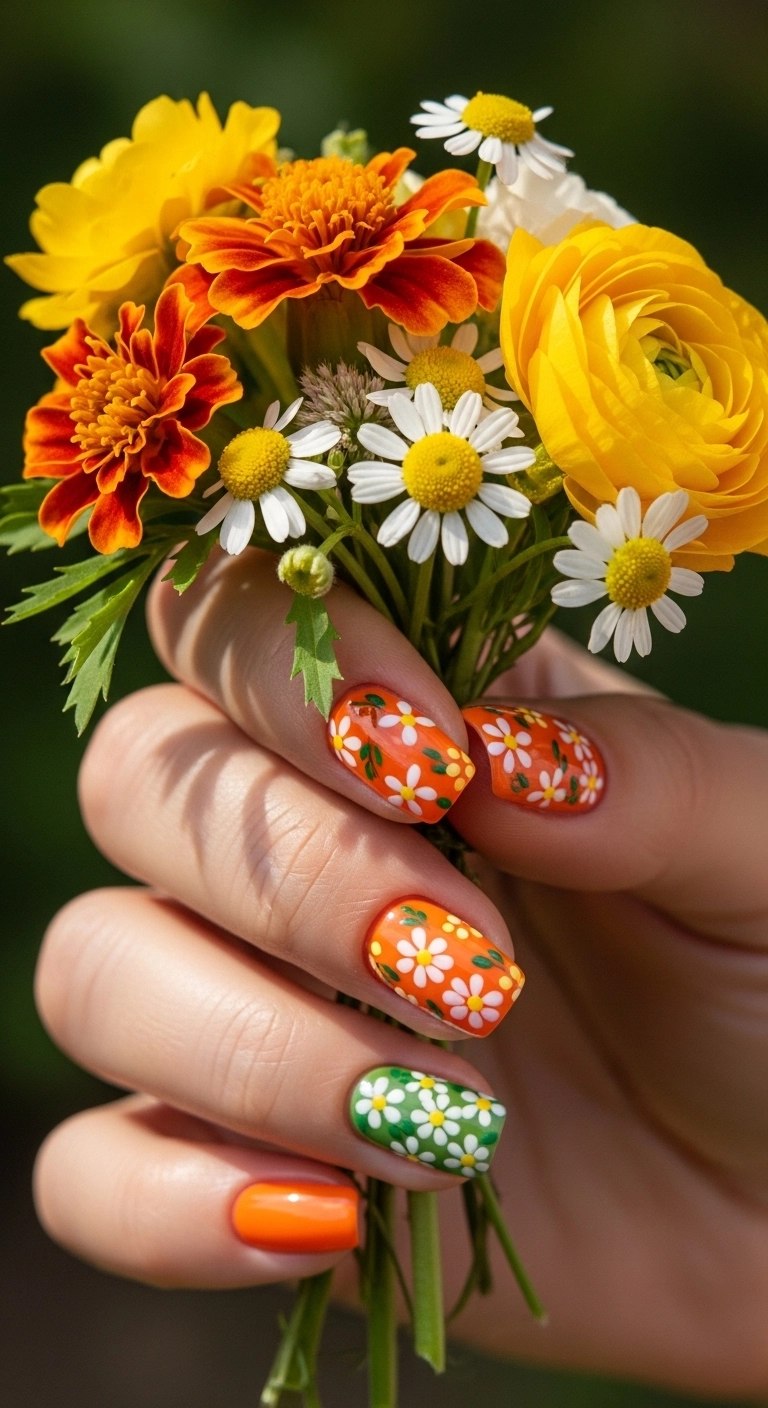 orange floral nails for orange summer nails ideas with flower design
