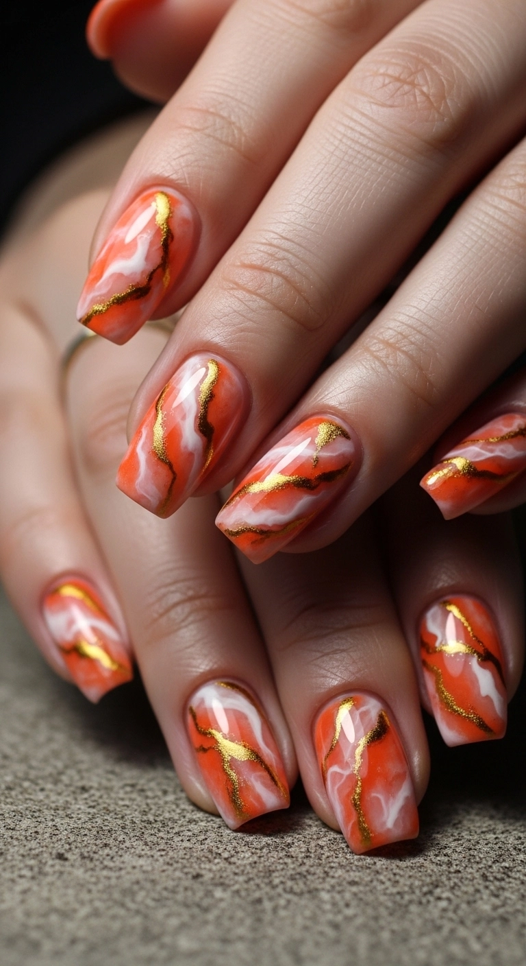 orange marble nails for orange summer nails ideas with gold veins