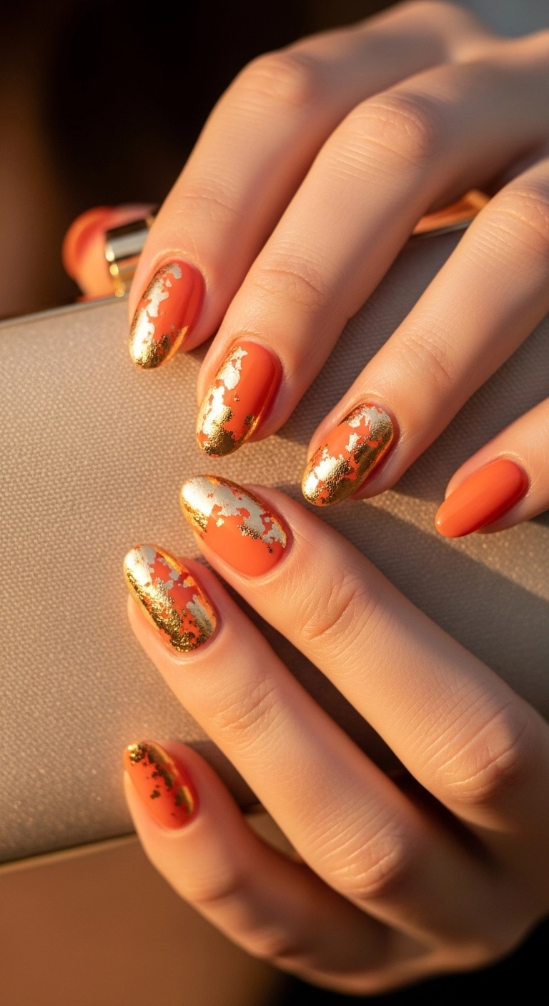 orange nails with gold accents for orange summer nails ideas elegant look