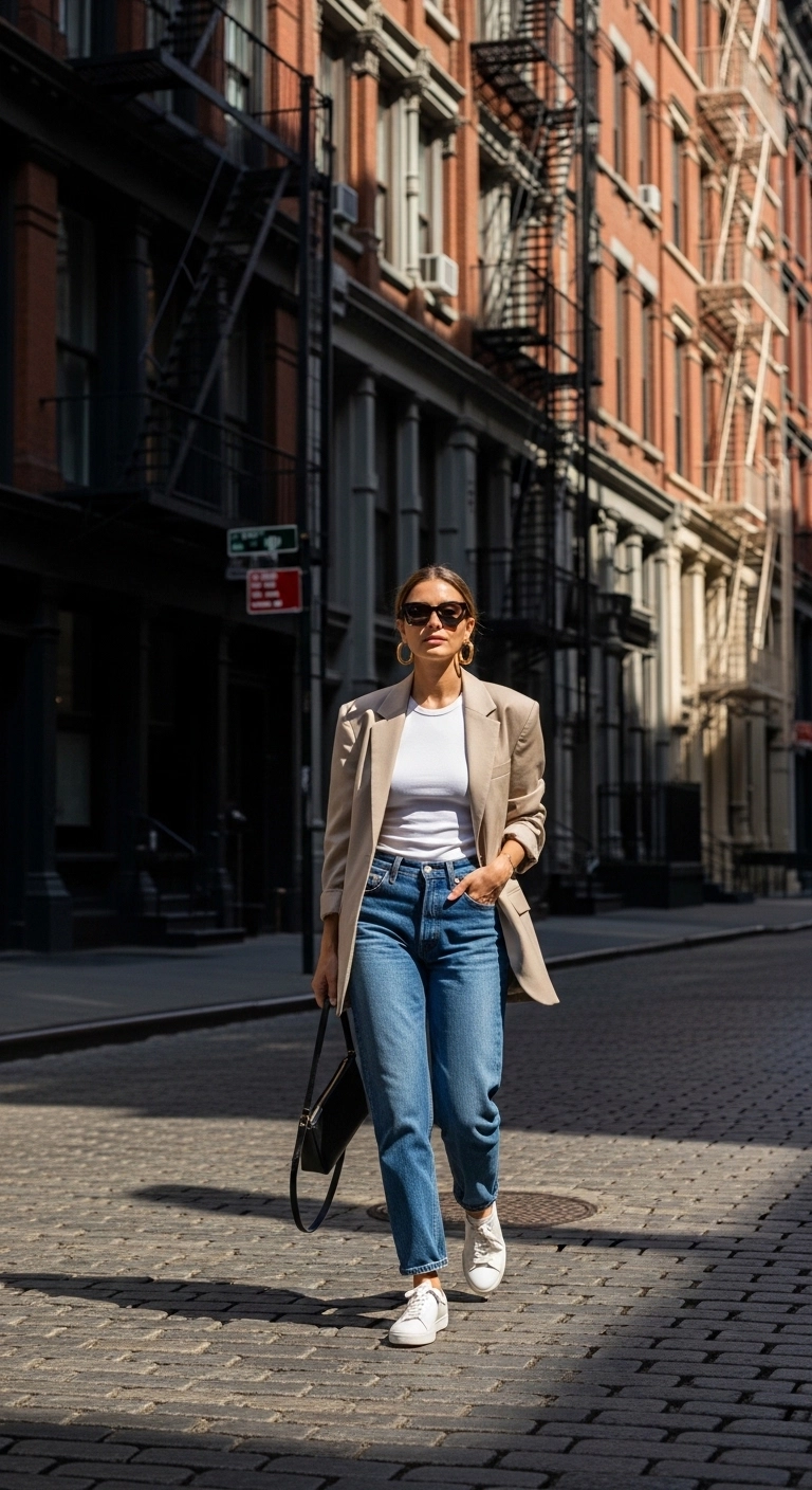 NYC spring outfits 2026 with oversized blazer white tank and loose jeans