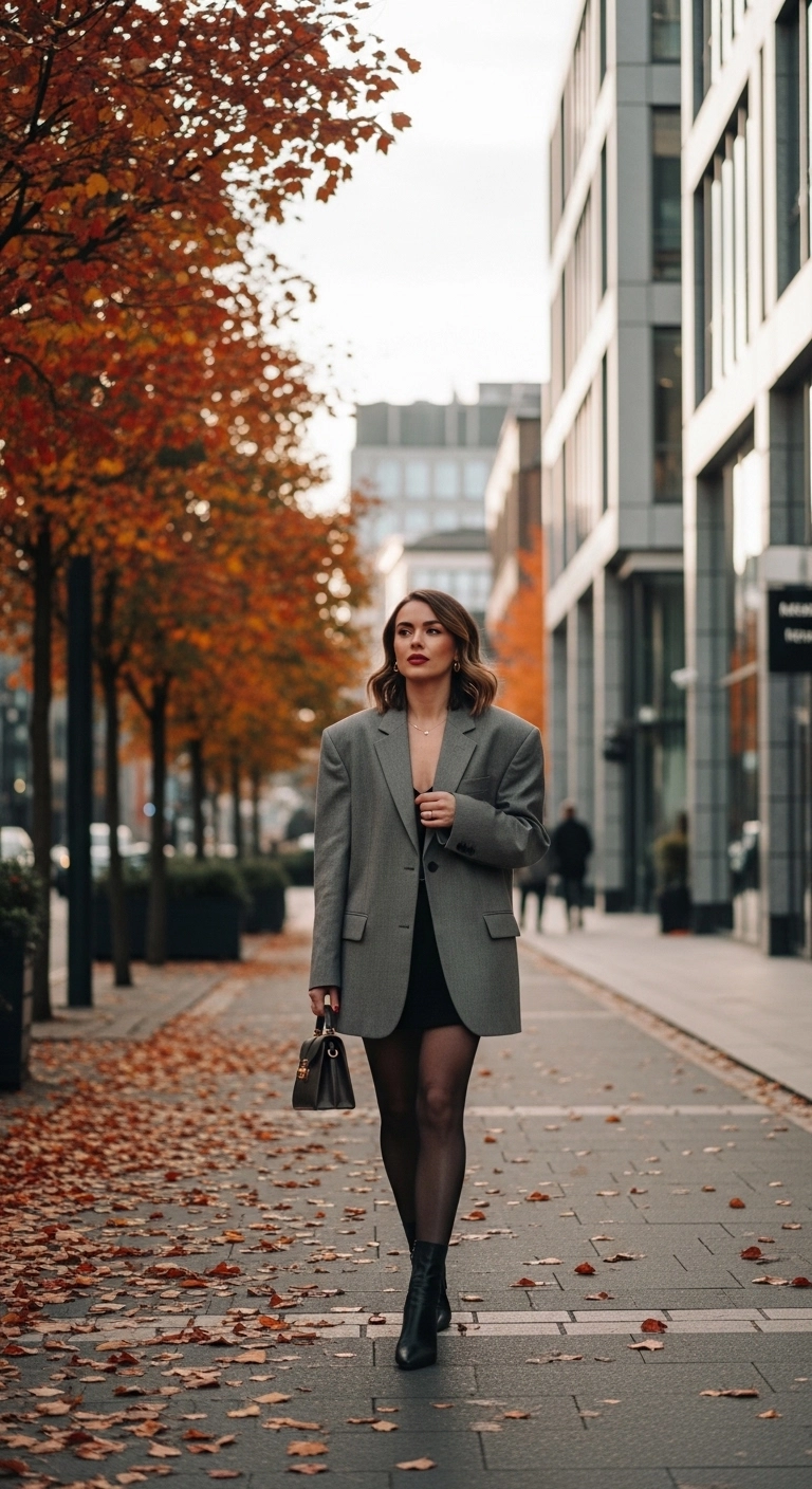 trendy fall outfits for women in 2026 with oversized blazer and mini skirt