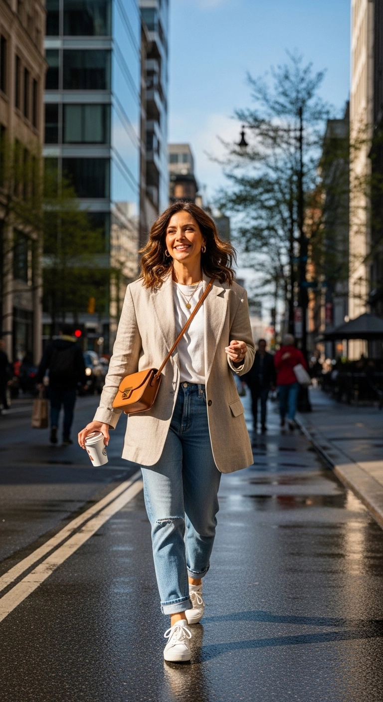 Oversized blazer with basic tee and straight-leg jeans, aesthetic spring outfit ideas for women 2026
