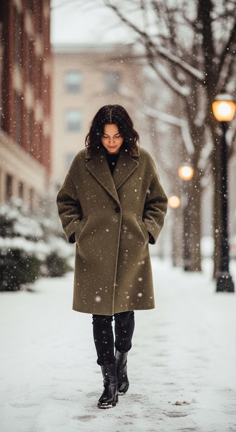 Woman wearing oversized coat winter outfit trends in 2026