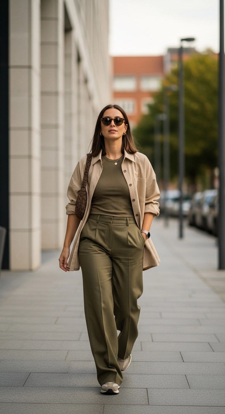 Oversized shirt and wide-leg pants styled as early fall outfits for women in autumn 2026